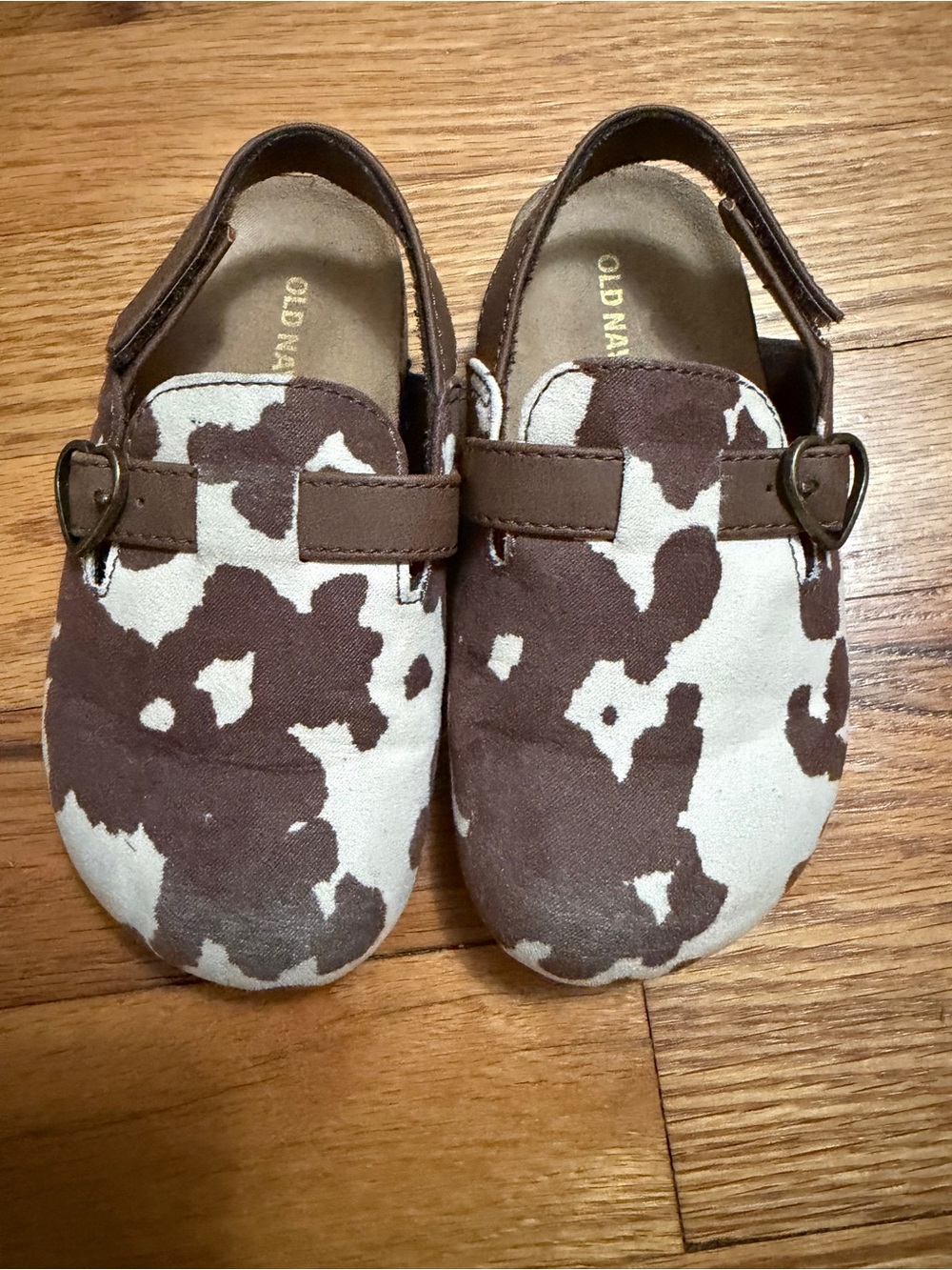 Old Navy Brown and Cream Cow-Print Moccasin Slip-Ons for Kids